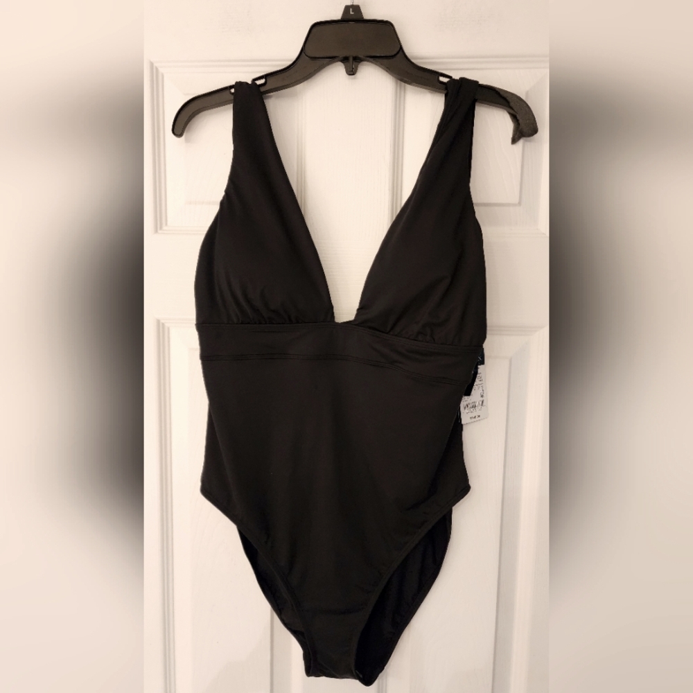 Lauren Ralph Lauren Sculpting Solid Modern V Neck One Piece Black Size 14 - Picture 4 of 11
